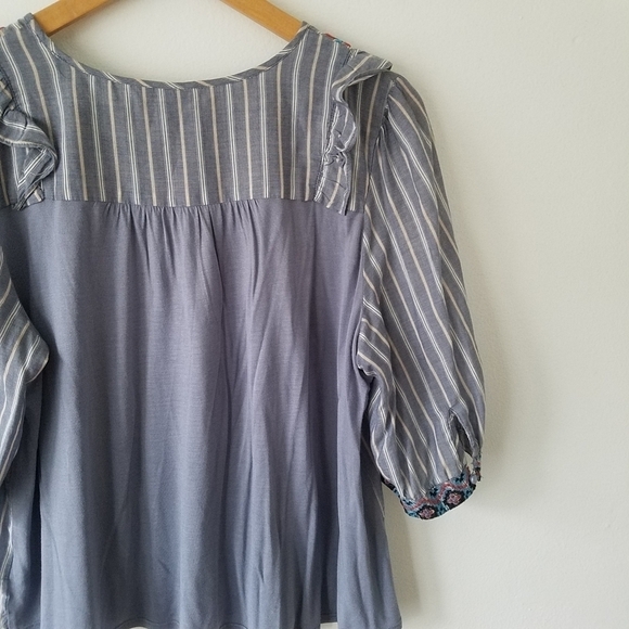 ANTHROPOLOGIE One September Embroidered Floral Ruffle Striped Blouse Size M - Picture 11 of 13